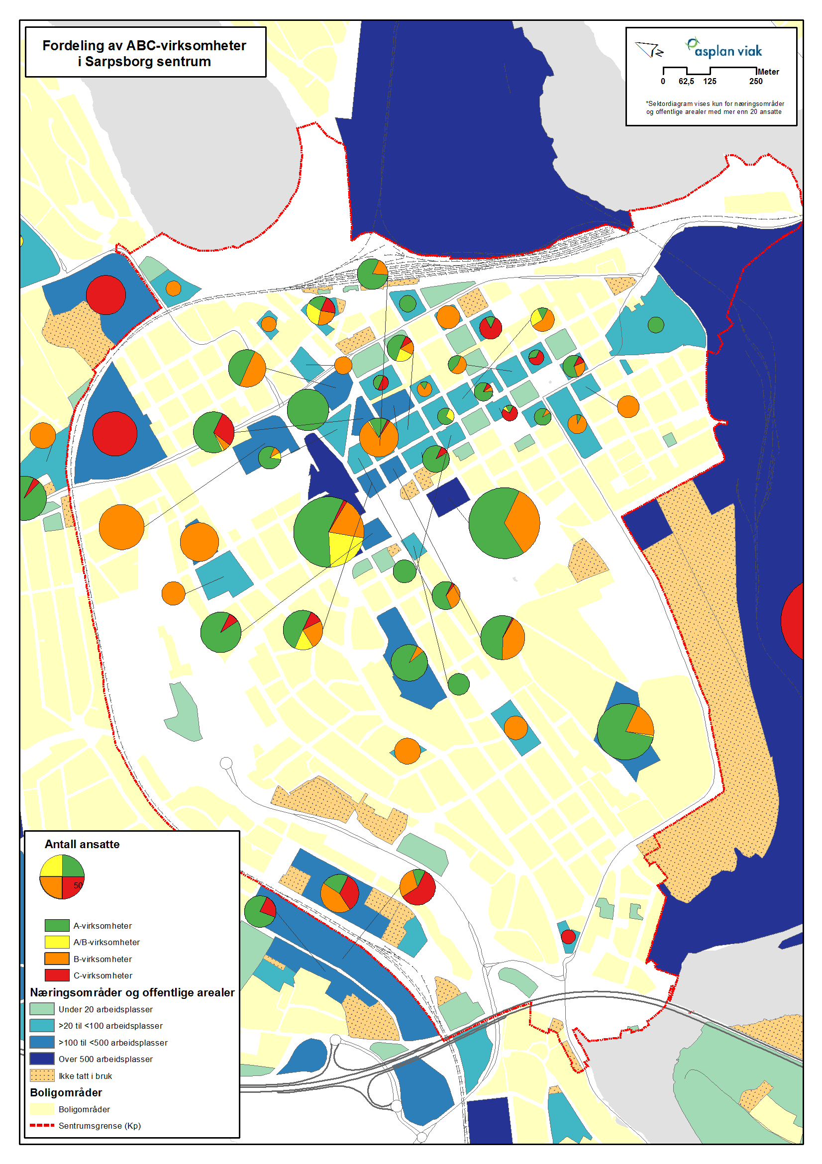 Nærings- og lokaliseringsanalyse for Nedre Glommaregionen 39 Figur 5-12. Oversikt over antall ansatte i hhv A. B. og C-virksomheter pr næringsareal i Sarpsborg sentrum.