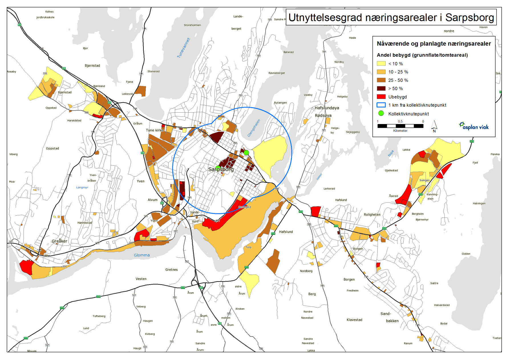 Nærings- og lokaliseringsanalyse for Nedre Glommaregionen 65 Figur 6-20. Teoretisk utnyttelsesgrad for eksisterende og planlagte næringsarealer i Sarpsborg kommune.