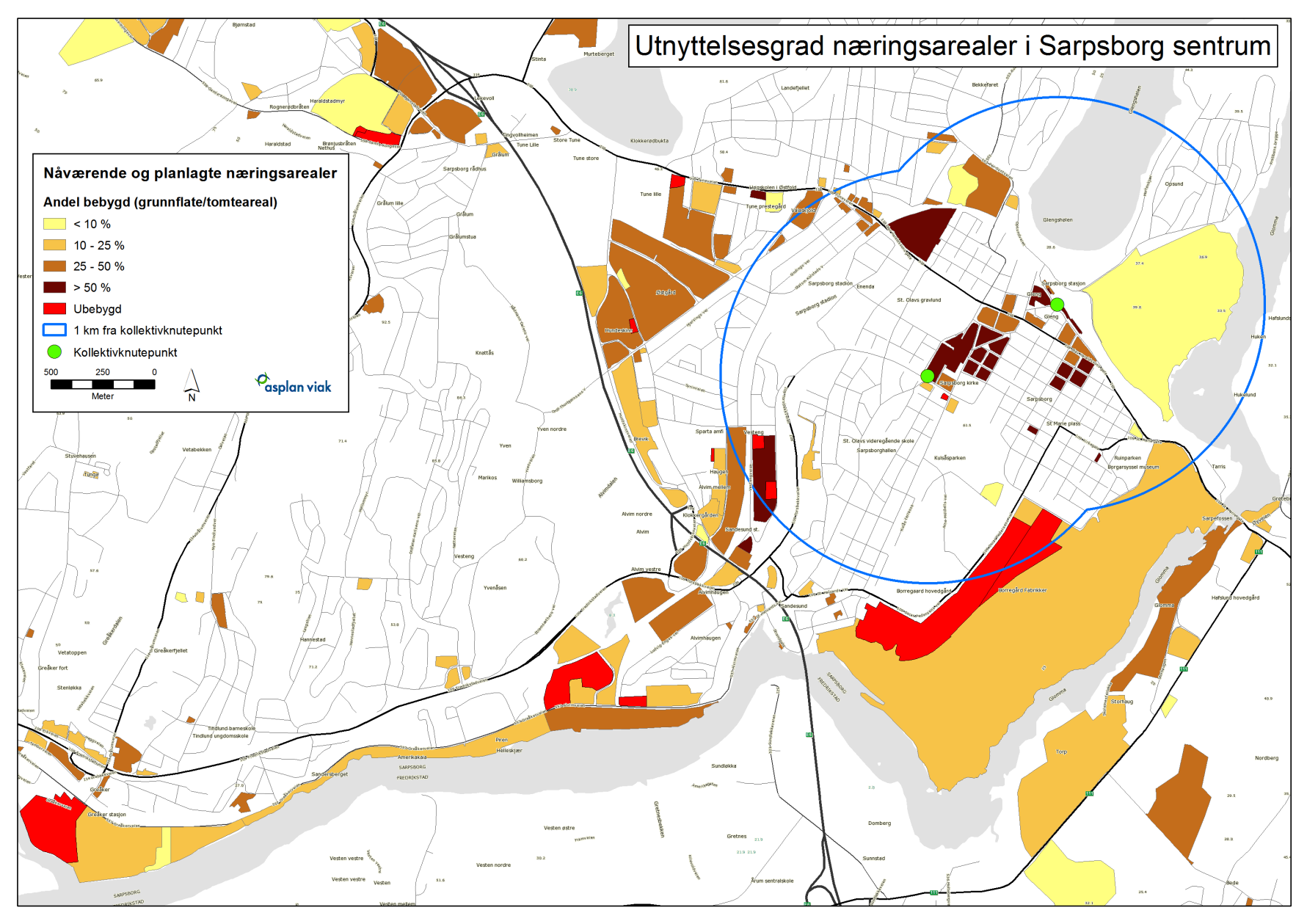 Nærings- og lokaliseringsanalyse for Nedre Glommaregionen 66 Figur 6-21. Teoretisk utnyttelsesgrad for eksisterende og planlagte næringsarealer i Sarpsborg sentrum.