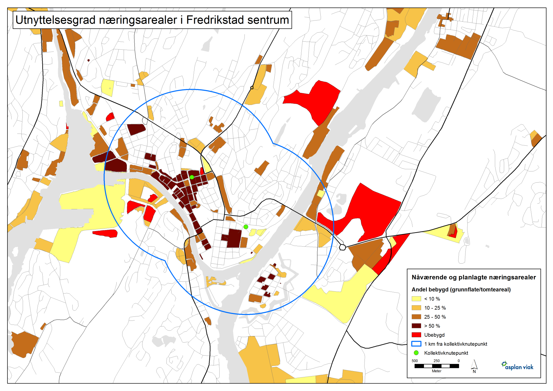 Nærings- og lokaliseringsanalyse for Nedre Glommaregionen 69 Figur 6-24. Teoretisk utnyttelsesgrad for eksisterende og planlagte næringsarealer i Fredrikstad sentrum.