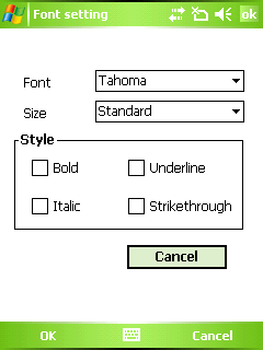 Innstillinger for tekstformat Du kan endre skrift og størrelse for teksten som skal skrives ut. 1 Trykk på [Font] på [Settings (Innstillingsmenyen)]- menyen på [Note Print]-skjermbildet.