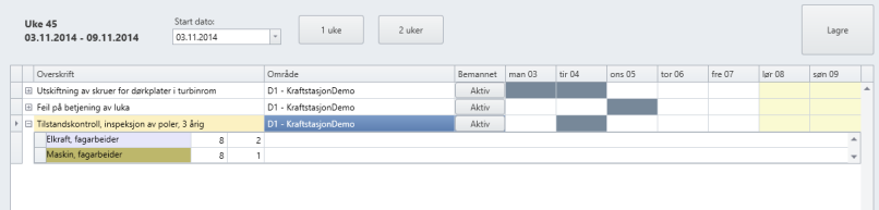 Valg av tidsperiode og startdato Arbeidsordrekalender Viser arbeidsordrer som planlegges, inkludert ressursbehov Skravert