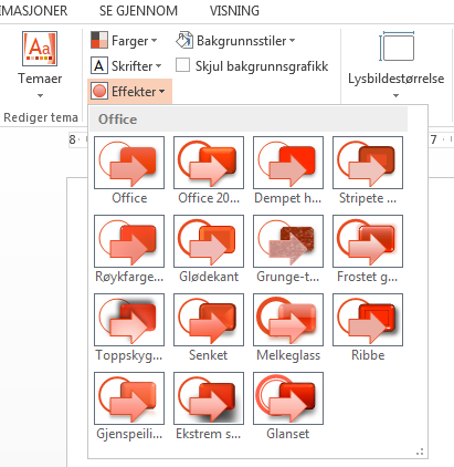 Endringer i temaer Ny standard lysbildestørrelse Når du bruker et innebygd tema og vil endre farger og skrifter, kan du nå velge blant designbestemte temavarianter i startskjermbildet eller på