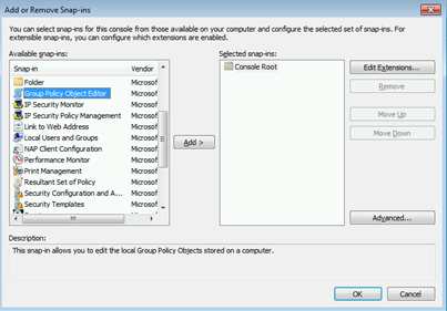 Trykk File og velg Add/Remove Snap-ins / Legg til/fjern snapin-modul: Marker linjen som heter Group Policy Object Editor