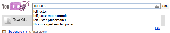 Når du skal søke etter videosnutter klikker du i søkefeltet ut for YouTubelogoen, og skriver inn ditt søk, jeg har i dette tilfellet søkt på «Leif Juster».