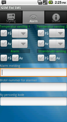 Alarm: Alarm fane benyttes for å sette opp alarmer og varslinger fra GSM Fixi SMS. Android GSM Fixi SMS manual V1.0.