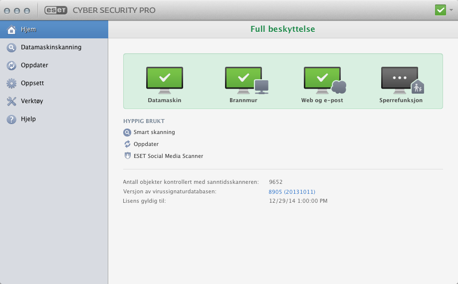 Brukergrensesnitt Under Hjem finner du informasjon om gjeldende beskyttelsesnivå på datamaskinen din. En Datamaskinskanning er en viktig del av enhver antivirusløsning.