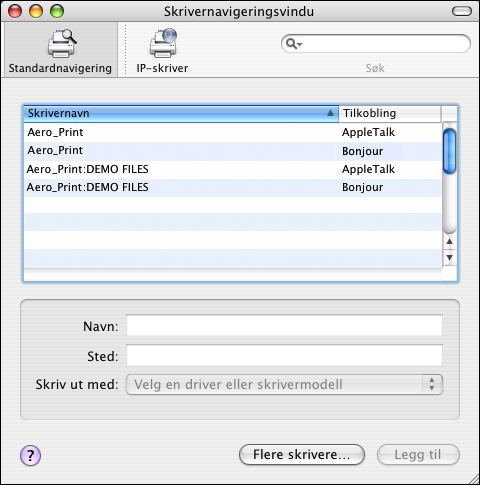SKRIVE UT FRA MAC OS X 19 FOR Å LEGGE TIL EN SKRIVER MED DEN STANDARD NETTLESERTILKOBLINGEN (BONJOUR ELLER APPLETALK) MERK: Bonjour-skrivere er kun tilgjengelige for Mac OS X v10.4.