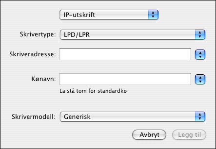 SKRIVE UT FRA MAC OS X 23 FOR Å LEGGE TIL EN SKRIVER MED LPD/LPR-TILKOBLINGEN 1 Velg IP-utskrift fra listen. Panelet for IP-utskrift vises. 2 Velg LPD/LPR fra Skrivertype-listen.