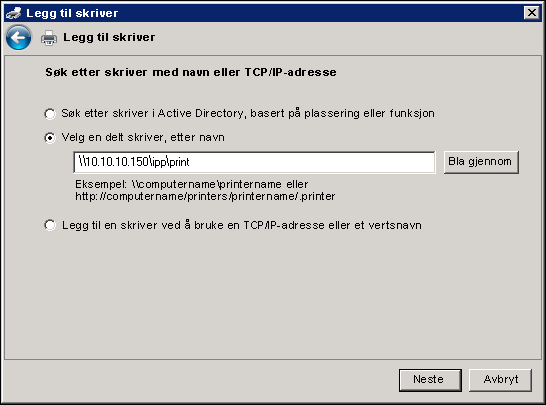 SKRIVE UT FRA WINDOWS 55 Windows Server 2008/Server 2008 R2/Windows 7: Klikk på Velg en skriver etter navn, og skriv inn IP-adressen eller DNS-navnet til Fiery E 100 i URL-feltet, fulgt av navnet på