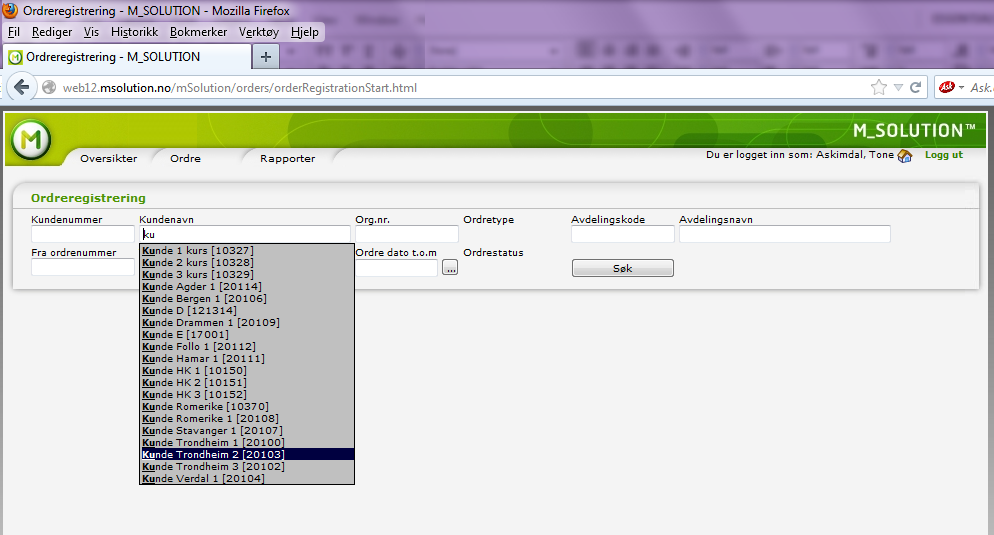 Som bildet ovenfor viser har vi nå kommet til ordreregistrering. På denne siden skal vi finne kunden som vi skal forandre renholdsteamet eller renholdsdager for.