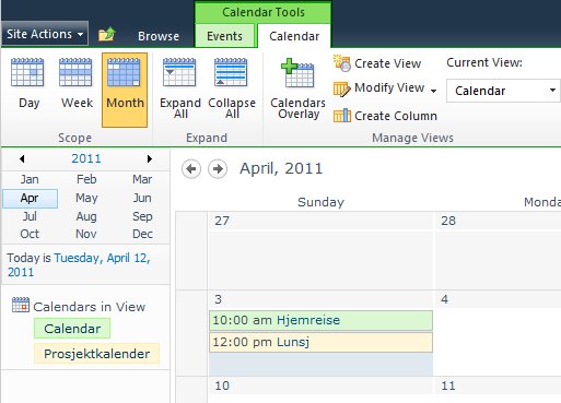 Intro om SharePoint 2010 2010 side 6 av 17 3.1.3 Forbedret kalender SharePoint 2010 har også forbedret kalenderfunksjonen sin. Det er enklere å holde oversikt over timeplaner og avtaler.