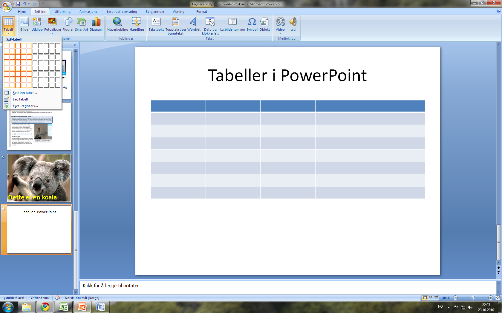 Sett inn en tabell i PowerPoint Tabeller setter du enkelt inn i ved å trykke på