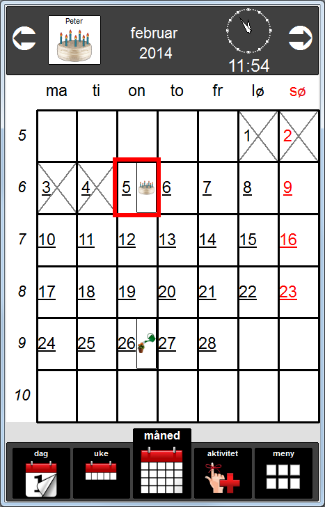 2.5 Månedkalender 2.5.1 Ukedag og ukenummer Ukedagene står øverst på kalenderen. (ma sø) Ukenumrene står til venstre på kalenderen.