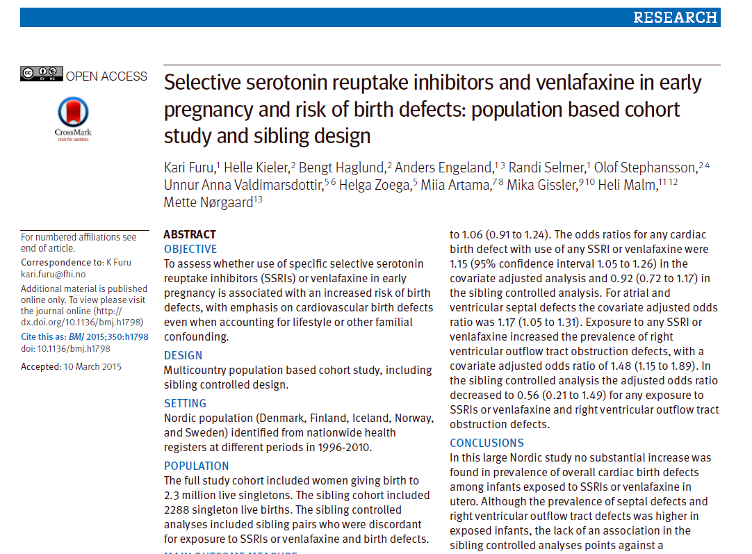 BMJ 2015;350:h1798, 17 APRIL 2015 BMJ 2015: Misdannelser 2,3 millioner gravide: - Any SSRI : 36 772 (1.