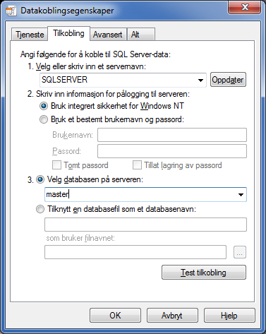 Først setter du Provider til Microsoft OLE DB Provider for SQL Server. Deretter velger du server, Windows NT Integrated security og databasen master. Trykk på [Test Connection].