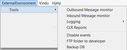 ExternalEnvironment Dersom maritech Master åpnes på databaseserveren, blir menypunktet ExternalEnvironment tilgjengelig: Forutsetninger: Du er db administrator Database EBF (database engine driver)