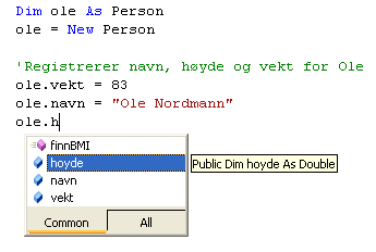 Objektorientering i VB en introduksjon side 9 av 11 Dim ole As Person ole = New Person Det er mulig å forkorte dette til én setning (for å spare plass i koden), og heller bruke det noe kortere