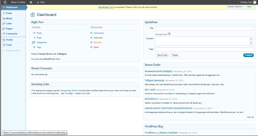 Fig. 1: WordPress 3.4.1 Resultat: Resultatet er en nettside med tittelen Munn & Helse (http://munnoghelse.unit5media.