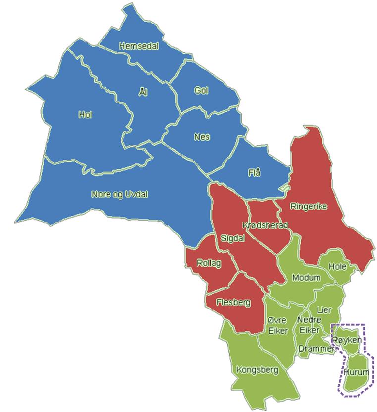 Figur 3: Slaktevekter på oksekalver i Buskerud, delt inn i regionene NORD, MIDT og SØR. Røyken og Hurum, som inngår i SØR, er i tillegg skilt ut i egen stiplet linje.