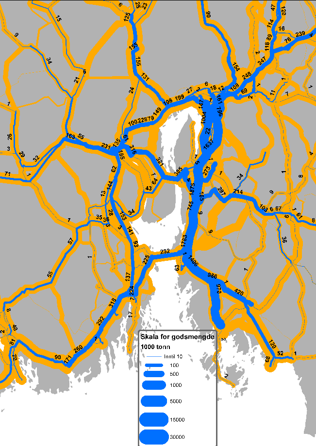 Figur 4.5 Distribusjonstransporter (blått) for alternativ 9A, modernisering Alnabru, godsmengder i tonn (til venstre).