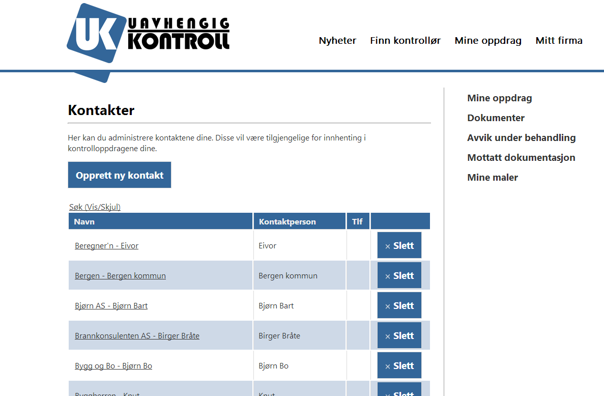 oversikt over de kontaktene du har lagt inn, trykk på navn på kontakt for endre