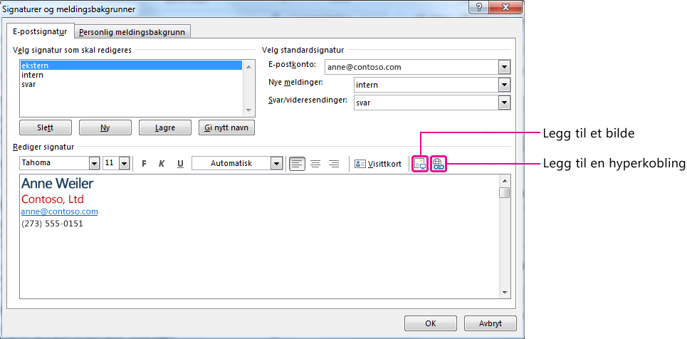 Opprette en e-postsignatur Hvis du vil opprette en ny e-postsignatur, gjør du følgende: 1. Klikk Fil > Alternativer > E-post. Klikk Signaturer under Skriv meldinger. 2.