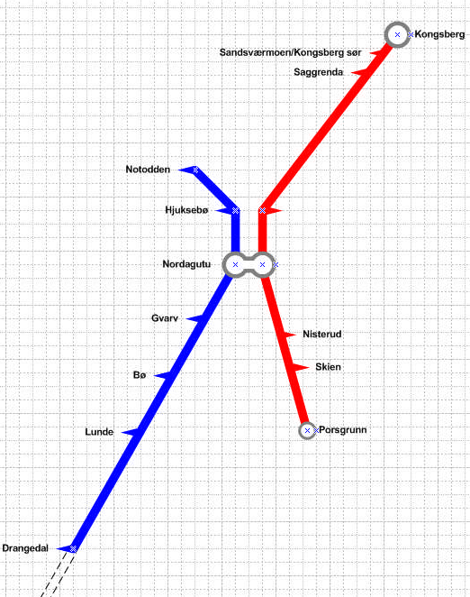 Bratsbergbanen Bratsbergbanen har en viktig rolle i kollektivsystemet i Telemark, både som hovedakse mellom Notodden/Sauherad og Grenland, samt som et togtilbud mellom Grenland og Kongsberg/Oslo med