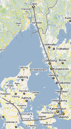 For alternativet med landeveistransport skal transporten foregå på landevei over bru fra Danmark, via Sverige, til Alnabru.
