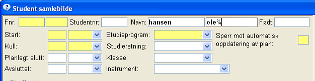 Søk på person FS vil liste opp alle personer som heter Hansen til etternavn og som har fornavn som begynner med ole. Her ville for eksempel Oleanna Hansen også blitt hentet opp.