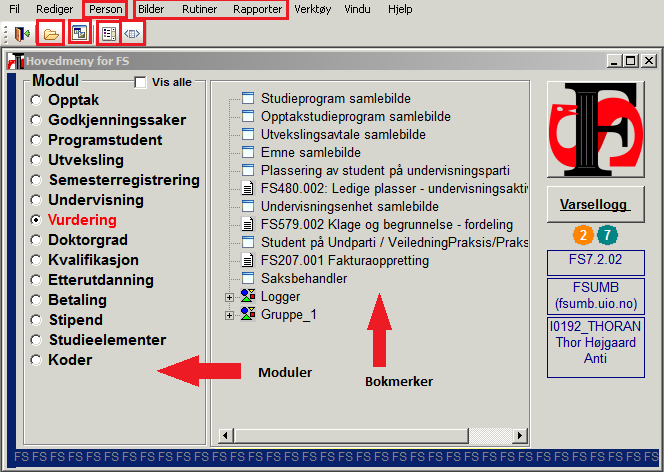 Generelt om FS Hovedmeny for FS Innholdet i FS er gruppert i moduler, som vist i hovedmenyen. Innholdet i de enkelte modulene forklares i neste kapittel.