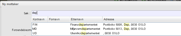 Slik registrerer du ekstern mottaker: Adresseinformasjon er IKKE registrert i adresseregisteret: Skjermbildet Ny mottaker vises: Skriv inn navn/adresse på ekstern mottaker Skjermbildet Ny journalpost