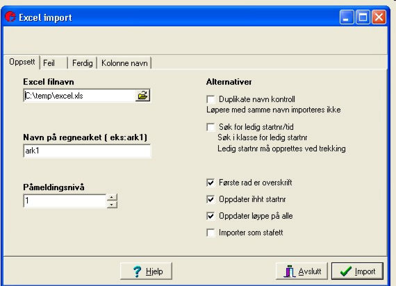 Excel Programmet kan importere data fra excel. Også her er det flere mulige importvalg. Velg Fil>Import>fra excel for å starte importveiviseren. Excel arket må ha kolonner tilpasset importformatet.