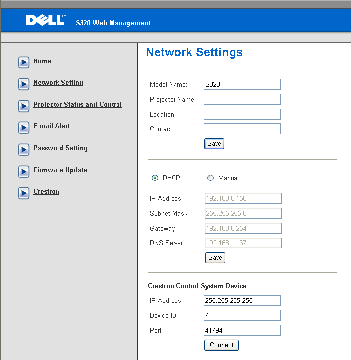 Network Settings (Nettverksinnstillinger) Sett opp Model Name (Modellnavn), Projector Name (Projektornavn), Location (Sted), og Contact (Kontakt)-informasjon (opp til 21 tegn i hvert felt).