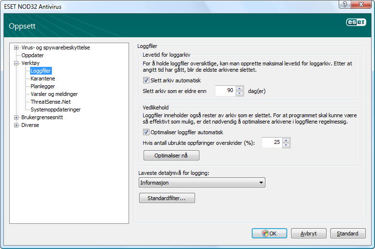 4.5.1 Vedlikehold av logg Du finner loggkonfigurasjon for ESET NOD32 Antivirus i hovedprogramvinduet. Klikk på Oppsett > Legg inn hele treet for avansert oppsett > Verktøy > Loggfiler.