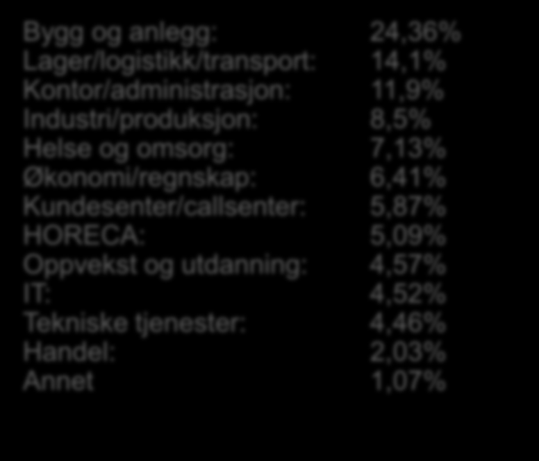 Yrkesområder 2013 Etter lovendringer i 2000 kan bemanningsbransjen levere personell på alle yrkesområder. I bransjestatistikken er dette grovoppdelt i 13 områder.