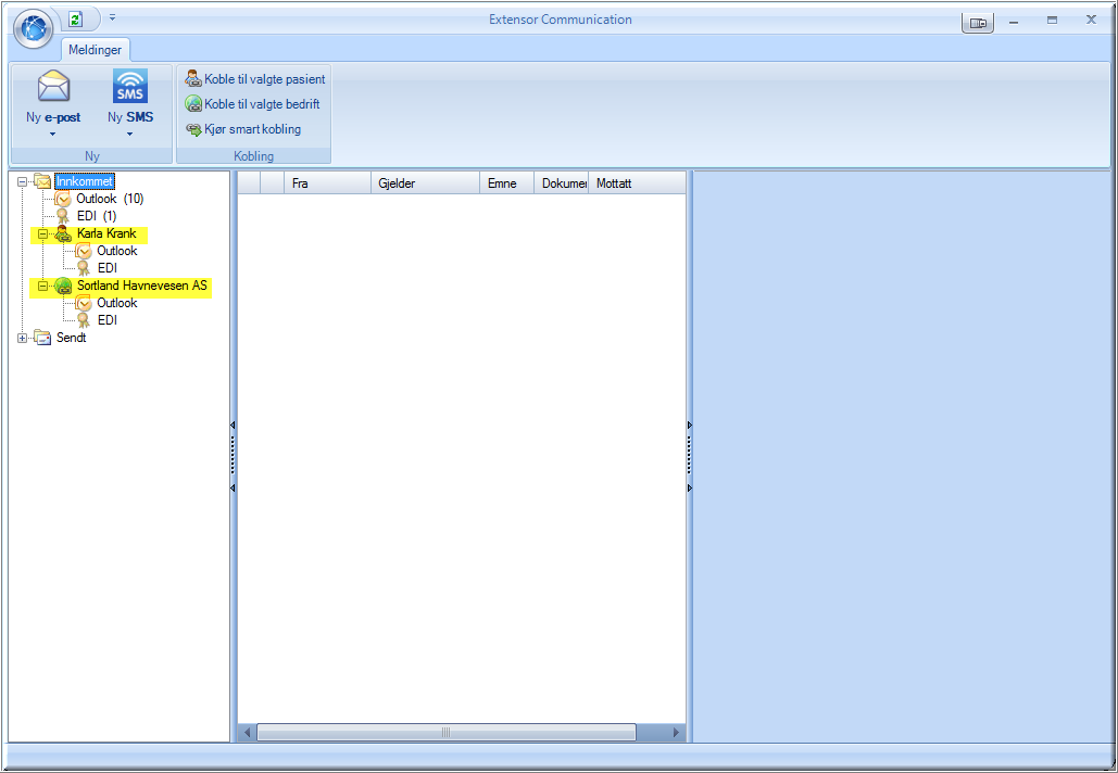 journalen til pasient/bedrift Håndtere EDI-meldinger Sende SMS Såfremt man har tilgang til modulen (dette styres av lisensen og brukerkonto-oppsettet) så finner man Extensor Kommunikasjon som eget