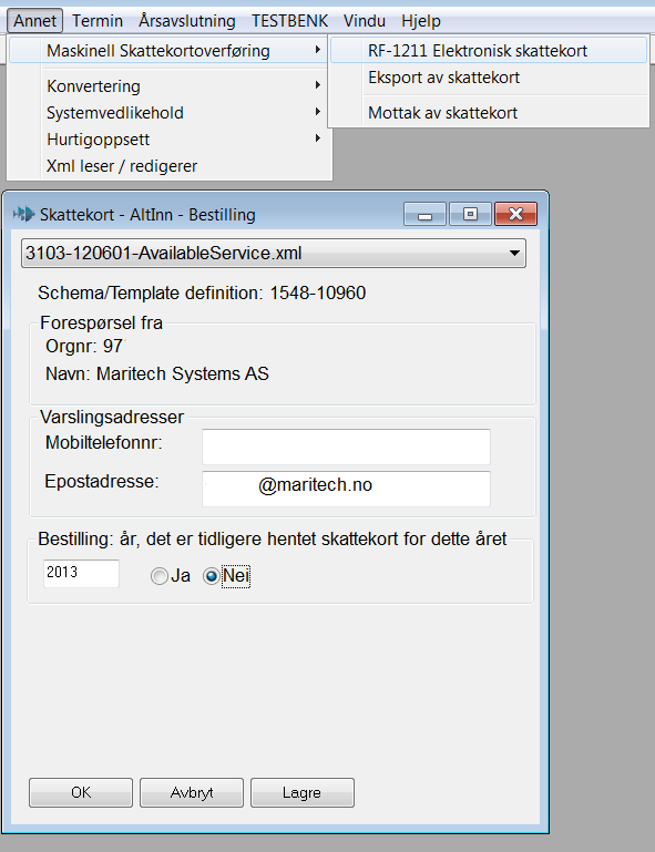 Fremgangsmåte Under menyvalg «Annet - Maskinell Skattekortoverføring», finner man et nytt grensesnitt, se under: Beskrivelse av felt i grensesnittet: Nedtrekksmeny Schema/Template definisjon: