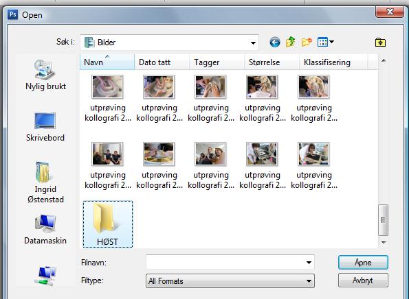 Lag deg et arkiveringssystem (mapper). Opprett en mappe for faget Trykk og Foto. Åpne mappen og lag de undermappene du trenger. Opprett en du kaller for foto åpne denne og lagre bildene du har tatt.