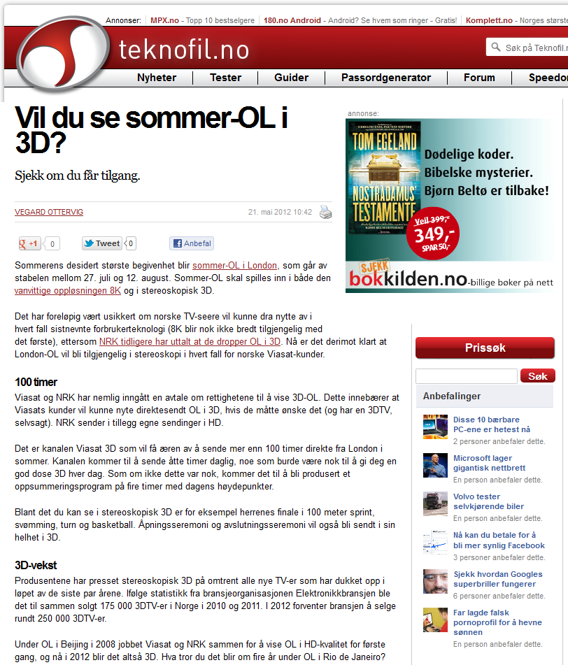 Nyhet: Slik får du sett Sommer-OL i 3D Teknofil, 21.05.