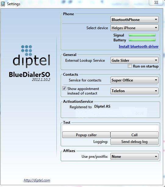 Settings for BlueDialer Velge telefon Installere driver for iphone, BlackBerry Velge hvor du skal slå opp ukjente nummer Velge hvilken funksjon som skal poppe opp Her kan du teste at programmet