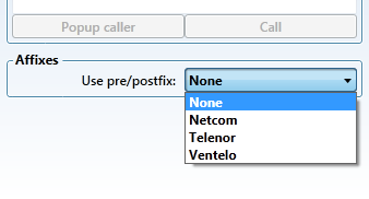 Legg inn et telefonnummer og trykk Popup - caller Velge funksjon for POP-UP - ikke hake: Hovedkortet spretter opp - med hake: Velg funksjon i nedtrekksmeny Konfigurasjon mot Mobil sentralbordløsning