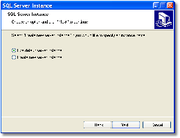 - Hvis ikke MS-SQL Server er installert på Serveren fra før, velg Use default server instance og Next. - Har du allerede installert MS-SQL Server velg Create new server instance og Next.