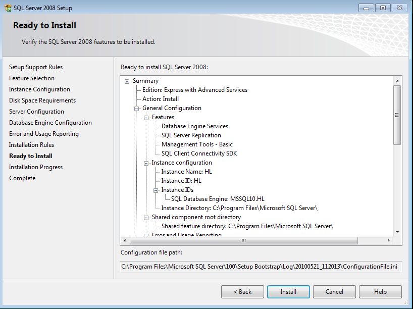 Installere MS SQL Server 2008 R2 Express Klikk Show details hvis du ønsker å se valg som er gjort i installasjonen. 20. Klikk Next. Du får opp følgende skjermbilde 21.