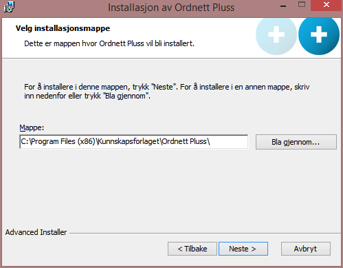 I neste dialogvindu må du angi hvor Ordnett Pluss-installasjonen skal ligge. Installasjonsprogrammet vil foreslå å legge det i Windows sin standardplassering for programfiler.