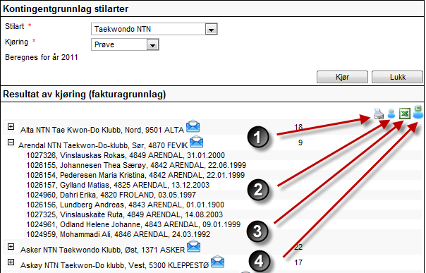 Grunnlag for medlemskontingent (1) Gir utskrift med én linje pr.