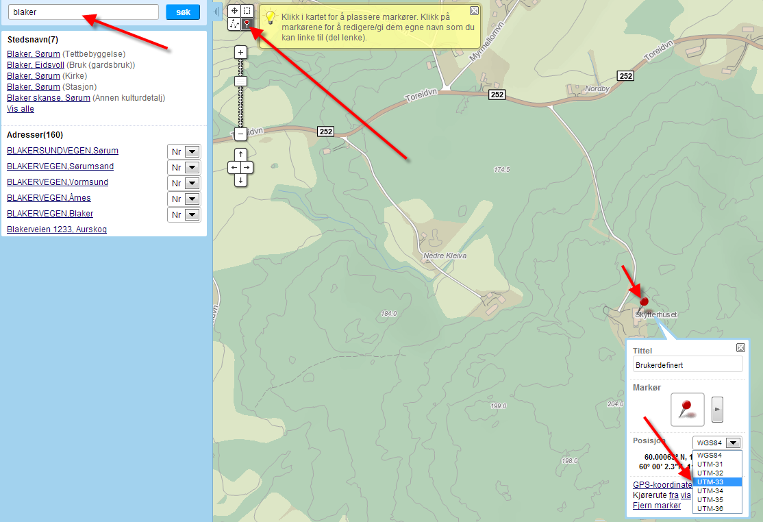 Hvordan finne koordinater på http://kart.finn.no? Søk deg fram til stedsnavn og zoom deg inn på skytterbanen.