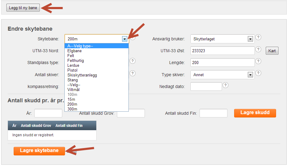 Hvordan legge inn skytebaner tilknyttet ett anlegg? Nå har du registrert ett eller flere anlegg. Da er tiden kommet for å legge inn skytebaner tilknyttet dette anlegget. Stå på anlegget.