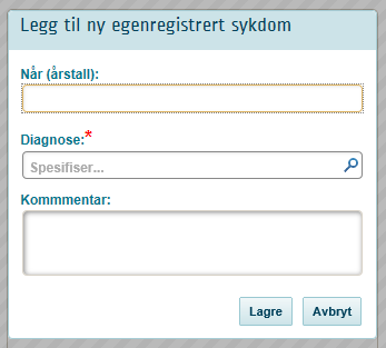 Velg ikonet for å legge til en sykdom: Pasienten kan velge mellom omtrent 300 forhåndsdefinerte diagnoser. Diagnosene er hentet fra emneord brukt på helsenorge.no. Man må søke opp rett diagnose i et søkefelt.