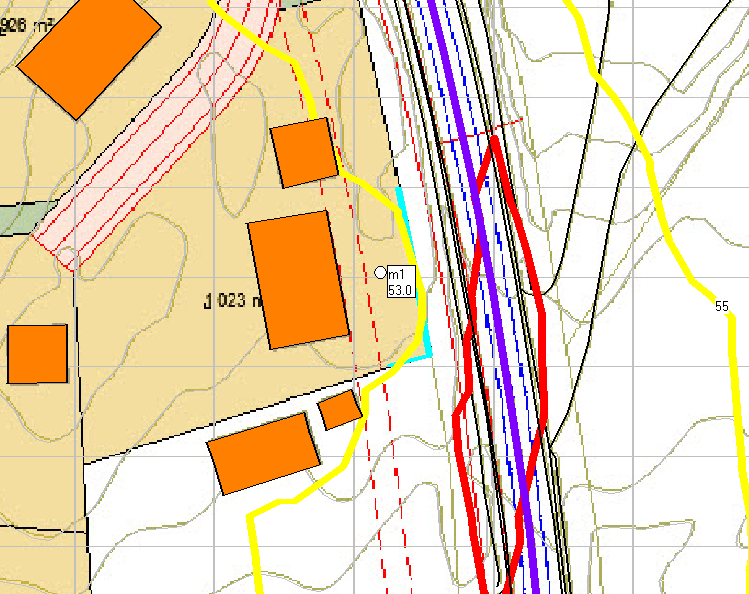 VEDLEGG F: SKJERMING AV UTEOMRÅDET Figur 7: Beregning av støykoter for støy fra Fv. 8, situasjon etter utbygging, med trafikkmengde tilsvarende år 2031. Veibanen er merket med lilla linje.